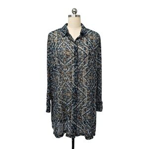 Chicos Sheer Geometric Print Tunic Shirt Dress Black Blue Gold Size 3 (US XL)